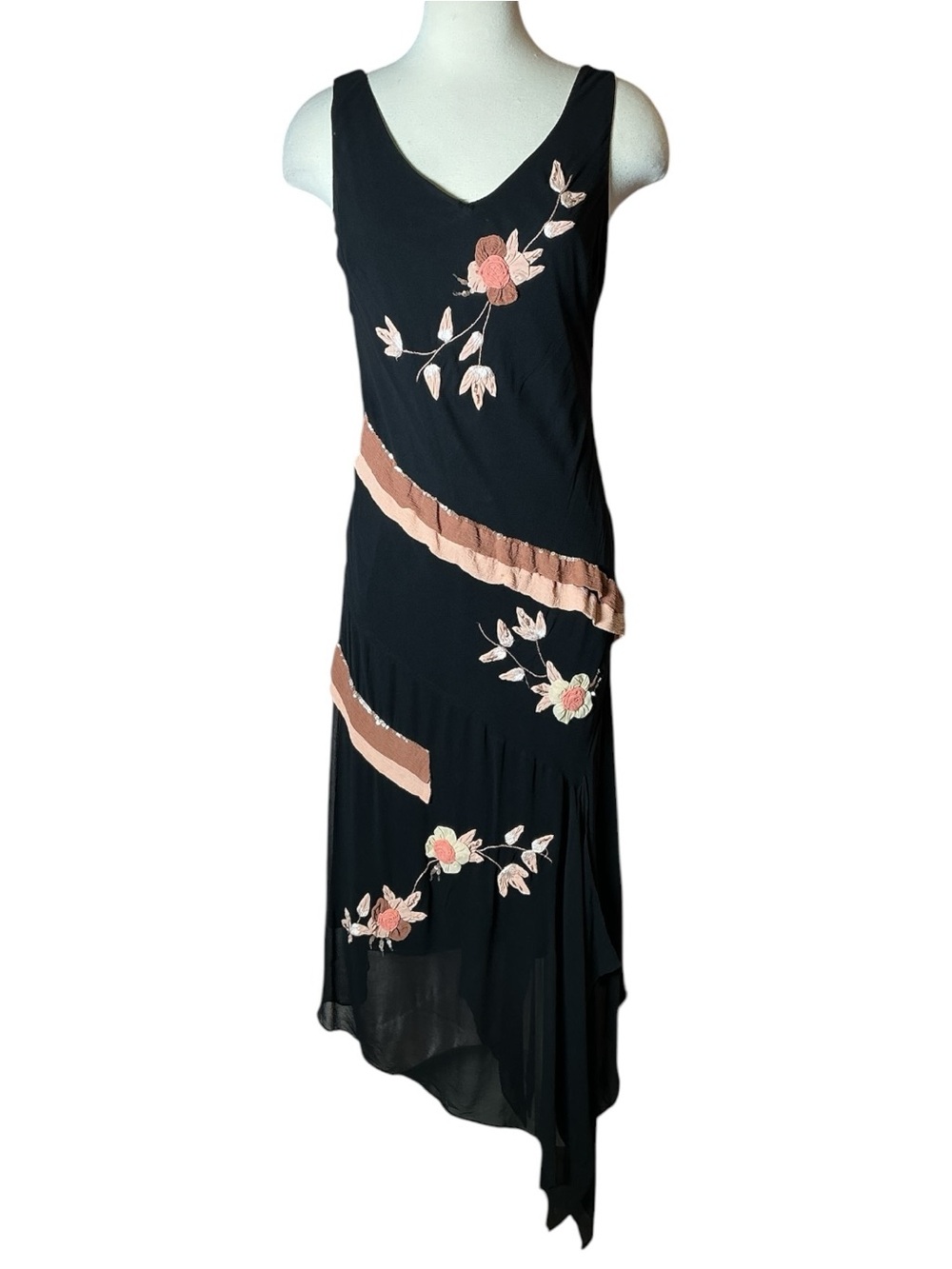 Vintage Y2K Sue Wong Floral Asymmetrical Hem Silk Dress